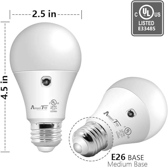 AmeriTop Dusk to Dawn Light Bulb- 4 Pack, A19 LED Sensor Light Bulbs; UL Listed, Automatic On/Off, 800 Lumen, 10W(60 Watt Equivalent), E26 Base, Indoor/Outdoor Lighting Bulb (5000K Daylight)