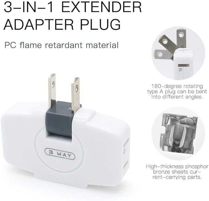 SYCON Outlet Wall Adapter, 2-Prong Swivel Ungrounded Indoor AC Mini Plug Wall Tap-White (3 Way-2 Pack)