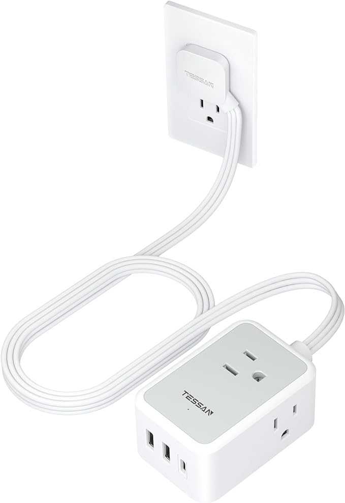 Small Flat Plug Power Strip, TESSAN Ultra Thin Extension Cord with 3 USB Wall Charger (1 USB C), 3 Outlets Mini Charging Station, 5 ft Slim Plug for Cruise Travel Office School Dorm Room Essentials