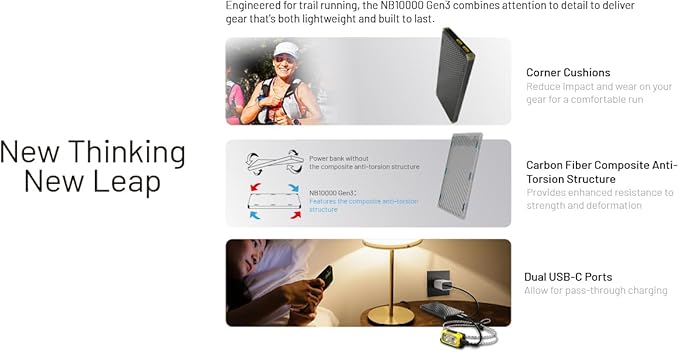 Nitecore NB10000 Gen III (Gen 3) Ultra-Slim Power Bank, 10000mAh QC Quick-Charge Dual USB-C Ports for Phones, Flashlights and Headlamps, with USB-A Adapter, Charging Cable Sticker