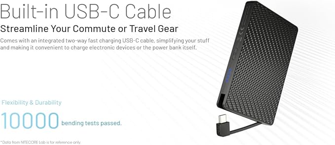 Nitecore Pocket 10000 Power Bank, 10000mAh Dual USB-C Ports for Phones, Flashlights, and Headlamps with Built-in USB-C Cable