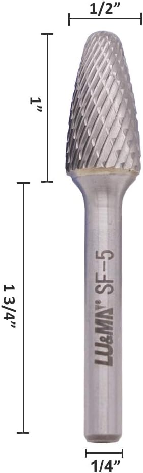 SF-5 Tungsten Carbide Burr Tree Shape Radius End Double Cut Rotary Burr File (1/2” Cutter Dia X 1”Cutter Length) with 1/4'' Shank, by LU&MN