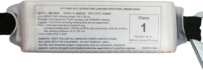 AFP Demon 6 FT Single Leg Self-Retracting Lifeline Web Lanyard Retractable, 1.97-inch Gate Opening Steel Locking Rebar Hook, Yoyo, Shock Absorber | Tower Fall Protection OSHA & ANSI Rated SRL