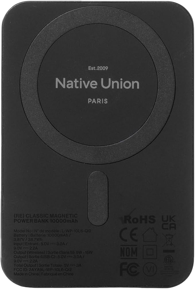 Native Union (Re)Classic Power Bank | Magnetic - MagSafe Compatible 10000mAh 15W Portable Charger - USB-C Cable Included - Qi2 certified - Compatible with iPhone 16, 16 Plus,16 Pro,16 Pro Max, AirPods