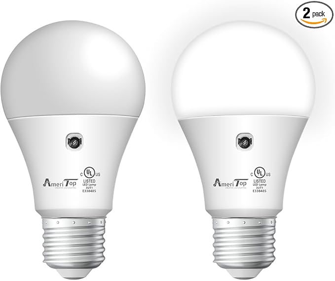 AmeriTop Dusk to Dawn Light Bulb- 2 Pack, A19 LED Sensor Light Bulbs; UL Listed, Automatic On/Off, 800 Lumen, 10W(60 Watt Equivalent), E26 Base, Indoor/Outdoor Lighting Bulb (5000K Daylight)