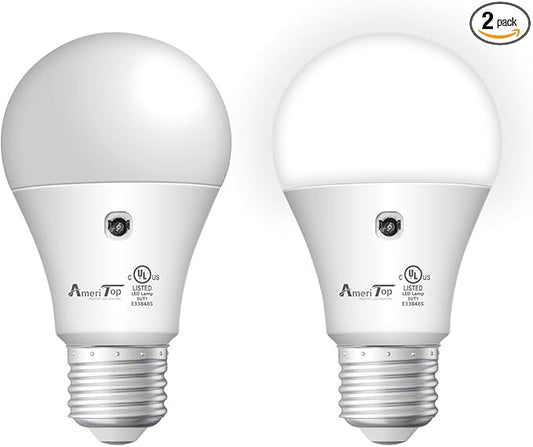 AmeriTop Dusk to Dawn Light Bulb- 2 Pack, A19 LED Sensor Light Bulbs; UL Listed, Automatic On/Off, 800 Lumen, 10W(60 Watt Equivalent), E26 Base, Indoor/Outdoor Lighting Bulb (5000K Daylight)