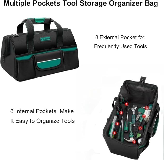 Tool Bag Heavy Duty 16.5-Inch with 16 Pockets Portable Handle Adjustable Shoulder Strap Waterproof Wide Mouth Tools Storage Organizer Carry Tote Box for Craftsman Electrician Mechanic (16.5-Inch)
