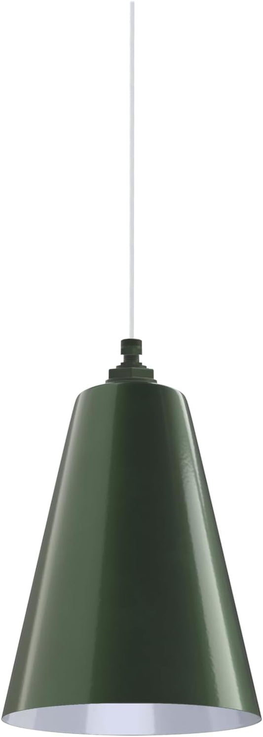 Steel Lighting Co. Laurel Pendant Light | Ceiling Mounted | 8.5 inch Cone Shade | Modern Contemporary Farmhouse Style Made in America | White Cloth Cord | Hunter Green Exterior/White Interior