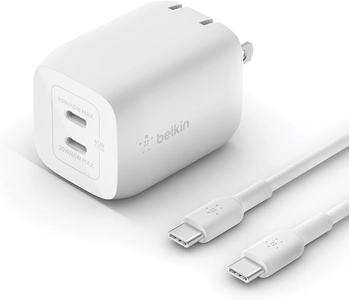 Belkin BoostCharge Pro 65W Dual USB-C PD 3.0 Fast Charger, 2-Port for MacBook, iPhone, iPad, Galaxy, Pixel & More + USB-C Cable - White