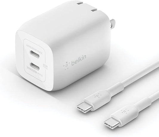Belkin BoostCharge Pro 65W Dual USB-C PD 3.0 Fast Charger, 2-Port for MacBook, iPhone, iPad, Galaxy, Pixel & More + USB-C Cable - White