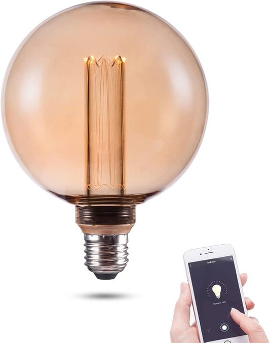 Smart WiFi Decorative Round LED Light Bulb, 3.8W Amber RN Vintage Edison LED Bulb, G125, Dimmable Soft Warm 2000K, E26 Base, No Hub Required, Compatible with Alexa and Google Home Assistant