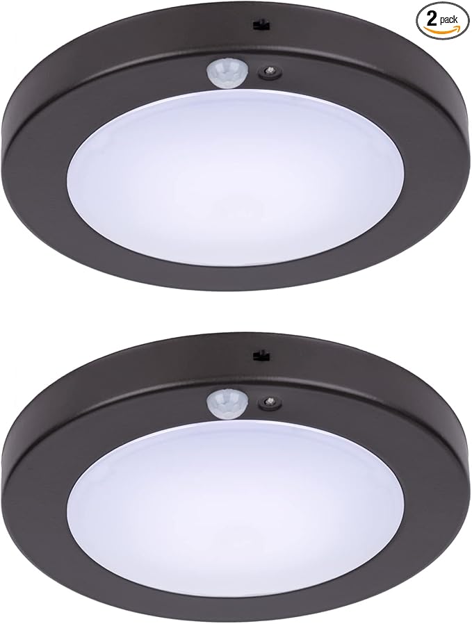 LIT-PaTH LED Flush Mount Ceiling Light, Closet Lighting Fixture with Motion Sensor and Dusk to Dawn, 10.5W, 800 Lumen, 6.2 Inch, Anti-Rust Galvanized Housing, Bronze Finish 3000K 2-Pack