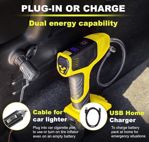 Bullseye Pro Tire Inflator Portable Air Compressor, Car Tire Inflator Portable, Portable Air Pump for Car Tires - 150PSI, 12V DC 1500 mAhs with Tire Pressure Gauge, Rechargeable As Seen On TV(Yellow)