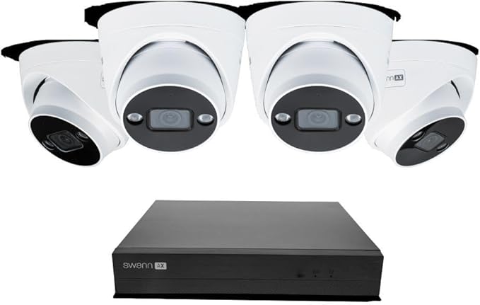 Swann AdvancedX™ Wired NVR 4K Security Camera System, 8 Channels, 4 PoE Dome Cameras Outdoor, 1TB HDD Storage, Color Night Vision, Smart AI Video Analytics/Alerts, Advanced Motion Detect