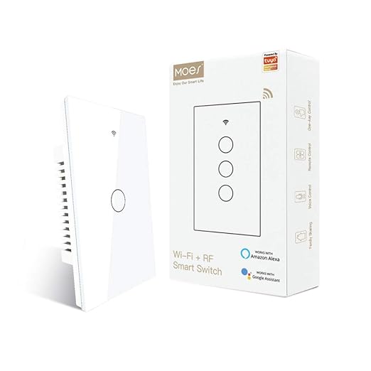 MOES 2.4GHz WiFi Wall Touch Smart Switch Neutral Wire Required, 3 Way Multi-Control, Glass Panel Light Switch Work with Smart Life/Tuya App, RF433 Remote Control, Alexa and Google Home White 1 Gang