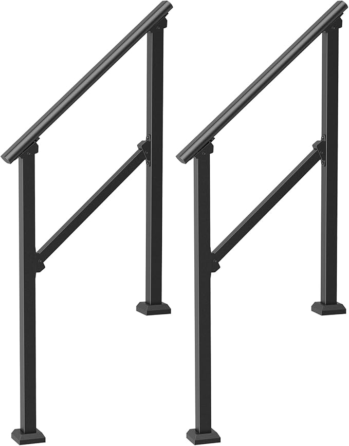 VEVOR Handrails for Outdoor Steps, 2 PCS 2 Step Stair Hand Rail Kit, Transitional Carbon Steel Railings with Installation Kit, Stair Rails for Seniors, Concrete & Porch & Deck, Black Square Tube