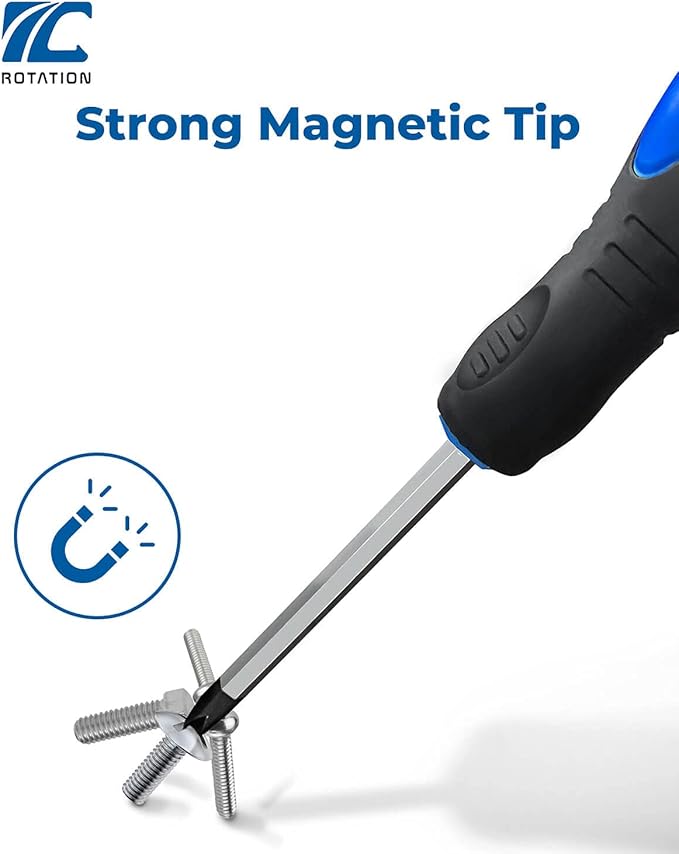 ROTATION Magnetic Screwdriver Set 12 PCS with Black tips, 6 Phillips and 6 Flat Head Screwdrivers, with Go-Thru Steel Blades, High Torque for Fastening and Loosening (Black Tip_Matt Blade)
