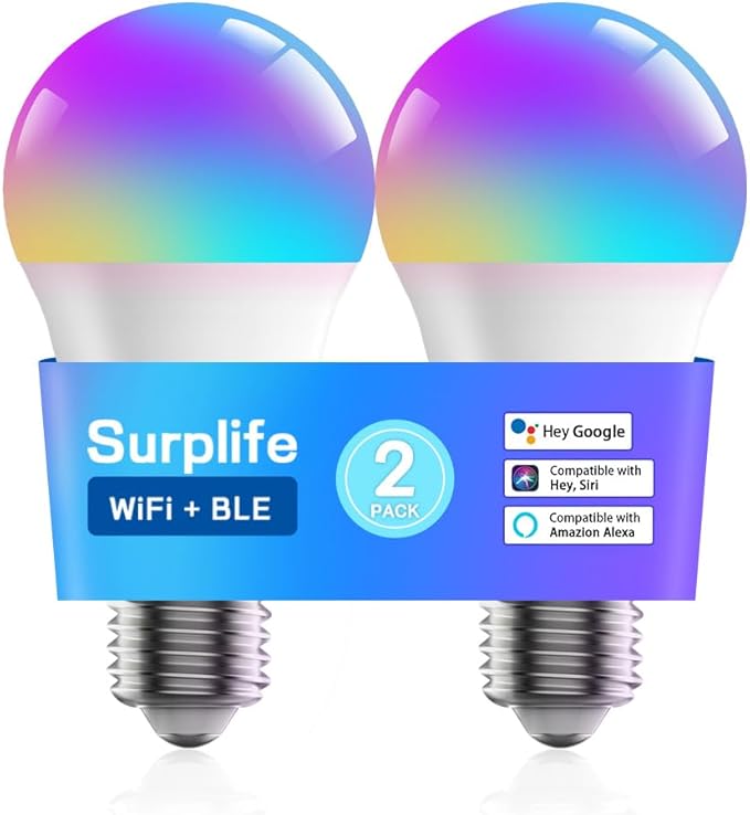 Smart Light Bulbs,Full Color Changing Dimmable LED Bulb,Compatible with Alexa and Google Assistant,UL FCC Certified,2.4GHz WiFi+Bluetooth LED Light Bulbs, Music Sync Smart Home Lighting (2)