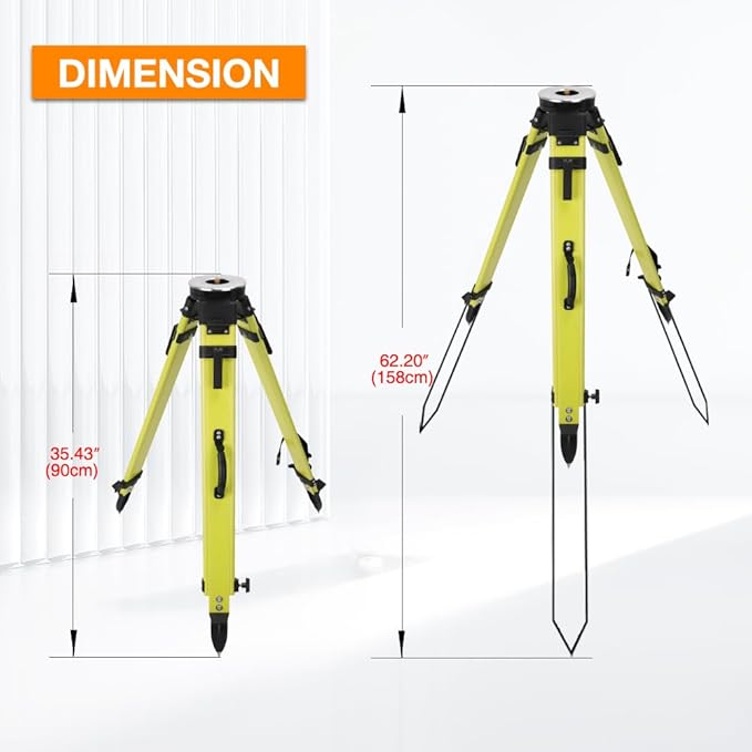 Fiberglass Surveying Tripod, Heavy Duty Green Fiberglass and Wood Tripod with Dual Clamp and Copper Center Screw for Robotic Total Stations and Theodolite (Round Head-A)