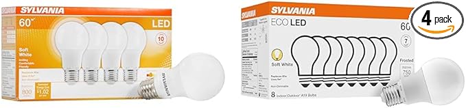 Sylvania LED A19 Light Bulb, 60W Equivalent Efficient 8.5W Medium Base, 2700K Soft White, 4 Pack & Sylvania ECO LED Light Bulb, A19 60W Equivalent, Efficient 9W, 7 Year, 750 Lumens, 2700K