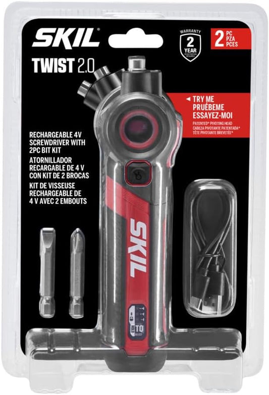 SKIL Twist 2.0 Rechargeable 4V Screwdriver with Pivoting Head, Torque Setting, USB-C Charging Cable & 2PC Bit Set-SD5619-01