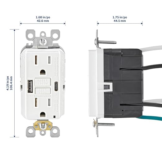 Leviton GUAC1-W 15A SmartlockPro Self-Test GFCI Combination with Type A & Type-C USB in-Wall, USB Charger for Smartphones and Tablets