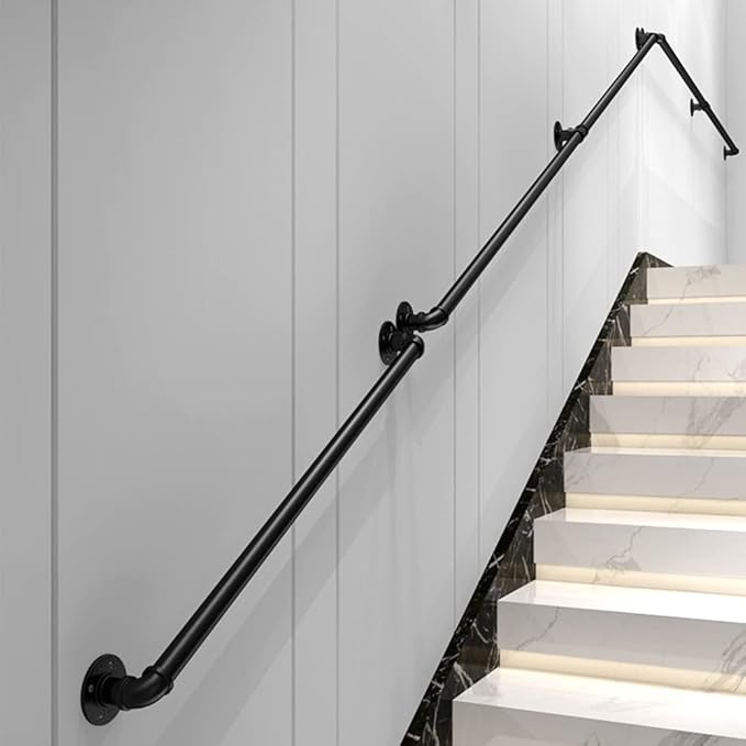 Willstar 6FT Industrial Staircase Handrail Non-Slip Pipe Bar Foot Rail Wall Mount Stair Rail Vintage Grab Bar for Steps Black Iron Pipe Handrail for Outdoor Indoor Stairs Loft Porch Hand Rail (6ft)