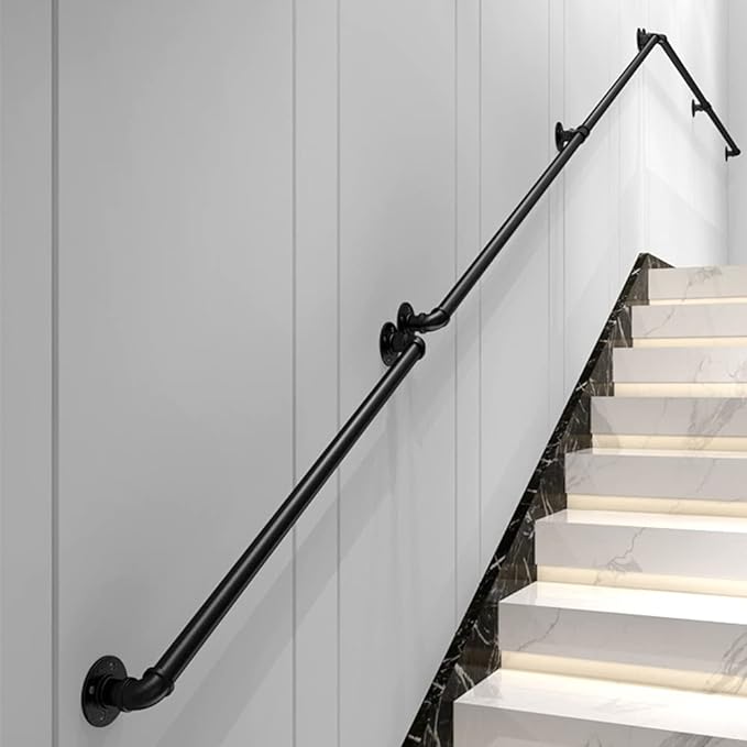 Willstar 9FT Industrial Staircase Handrail Non-Slip Pipe Bar Foot Rail Wall Mount Stair Rail Vintage Grab Bar for Steps Black Iron Pipe Handrail for Outdoor Indoor Stairs Loft Porch Hand Rail (9ft)