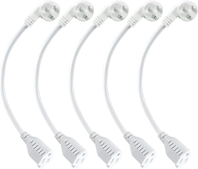 Short Power Extension Cord 1FT - Right Angle Flat Head Extension Cord with 3 Prong White Low Profile Flat Plug 3 Prong Power Cable Single Grounded SJT 16AWG Flexible Power Cord for Indoor Use (5 PACK)