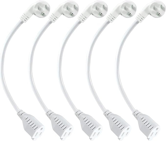 Short Power Extension Cord 1FT - Right Angle Flat Head Extension Cord with 3 Prong White Low Profile Flat Plug 3 Prong Power Cable Single Grounded SJT 16AWG Flexible Power Cord for Indoor Use (5 PACK)