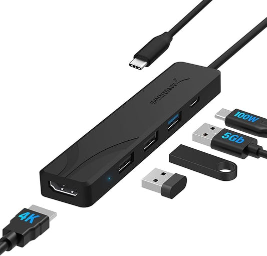 SABRENT USB-C Hub 5-in-1 with 4K HDMI, 100W PD Charging (Input Only), 1x USB 3.0, 2X USB 2.0 – No Data on USB-C Port – Compatible with MacBook, Windows, Linux (HB-TC5P)
