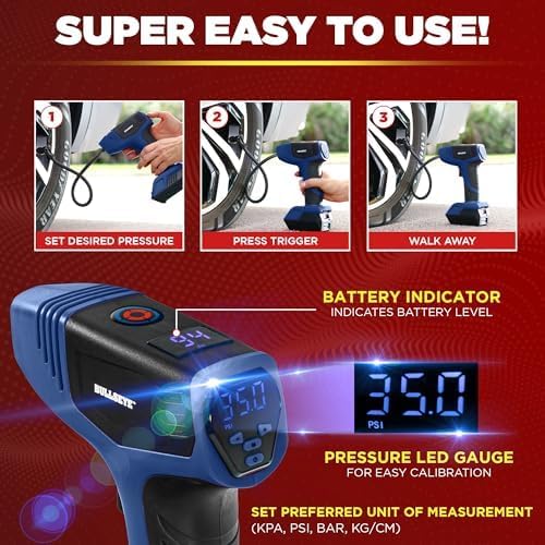 Bullseye Pro Tire Inflator Portable Air Compressor, Car Tire Inflator Portable, Portable Air Pump for Car Tires - 150PSI, 12V DC 1500 mAhs with Tire Pressure Gauge, Rechargeable As Seen On TV(Blue)