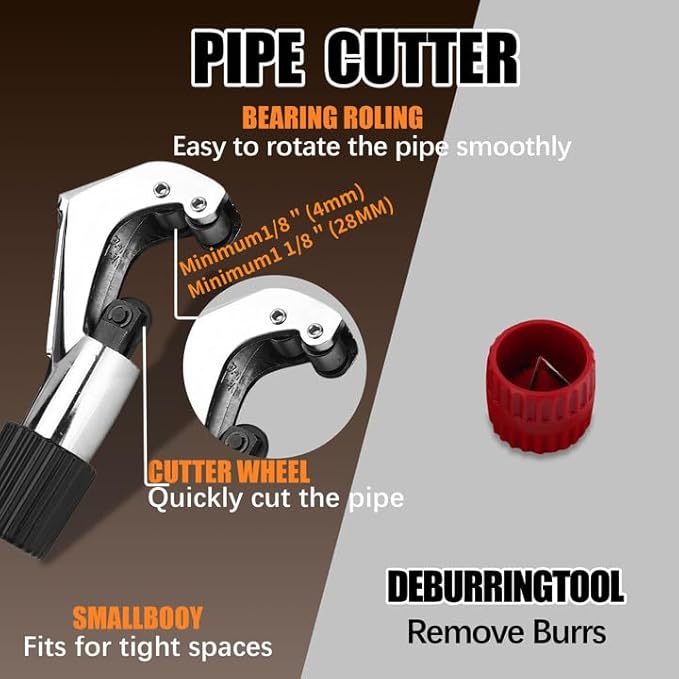 Flaring Tool Kit, HVAC Pipe Expander Tool, 1/4'' - 3/4'' and 6-19mm 45° Eccentric Single Flare Tool with Tubing Cutter and Cylinder Style Deburring Tool for Copper Tube Expander