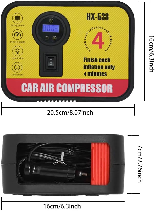 Portable Tire Inflator Air Compressor Pump Pressure with Digital Screen and LED Light Vent ，Preset tire pressure for Car Motorcycle Bike Ball DC 12V Fast Inflation