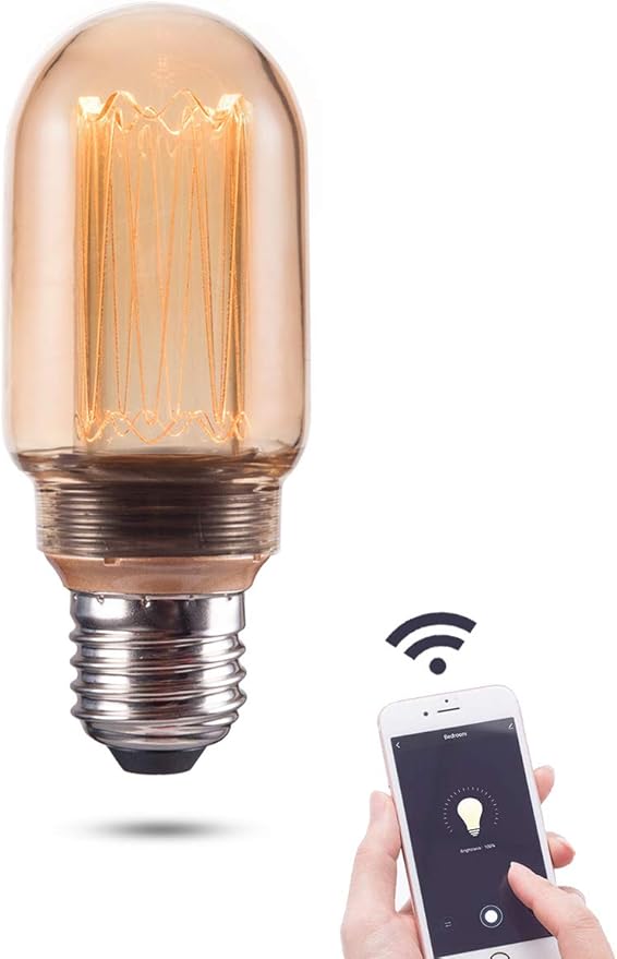 Smart WiFi Decorative Tube LED Light Bulb, 3.8W Amber RN Vintage Edison LED Bulb, T45, Dimmable Soft Warm 2000K, E26 Base, No Hub Required, Compatible with Alexa and Google Home Assistant