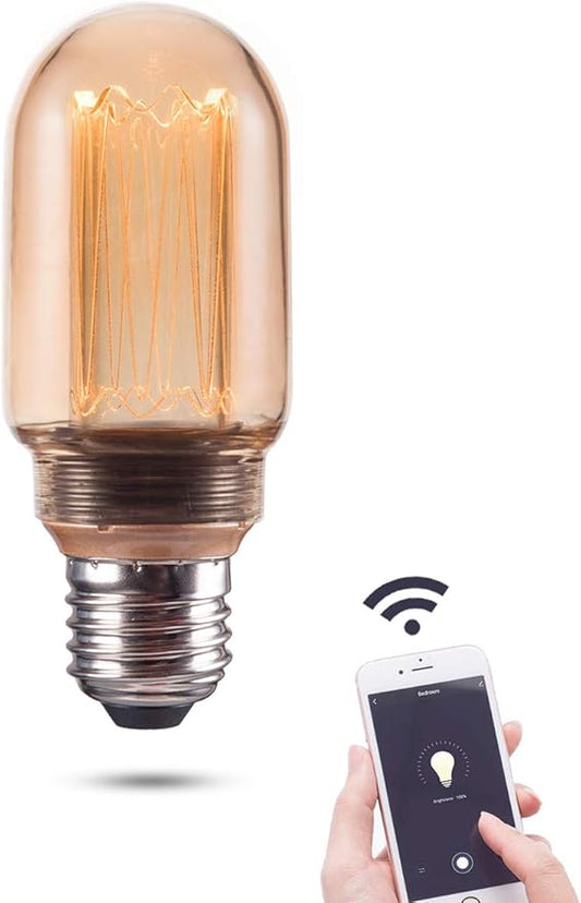 Smart WiFi Decorative Tube LED Light Bulb, 3.8W Amber RN Vintage Edison LED Bulb, T45, Dimmable Soft Warm 2000K, E26 Base, No Hub Required, Compatible with Alexa and Google Home Assistant
