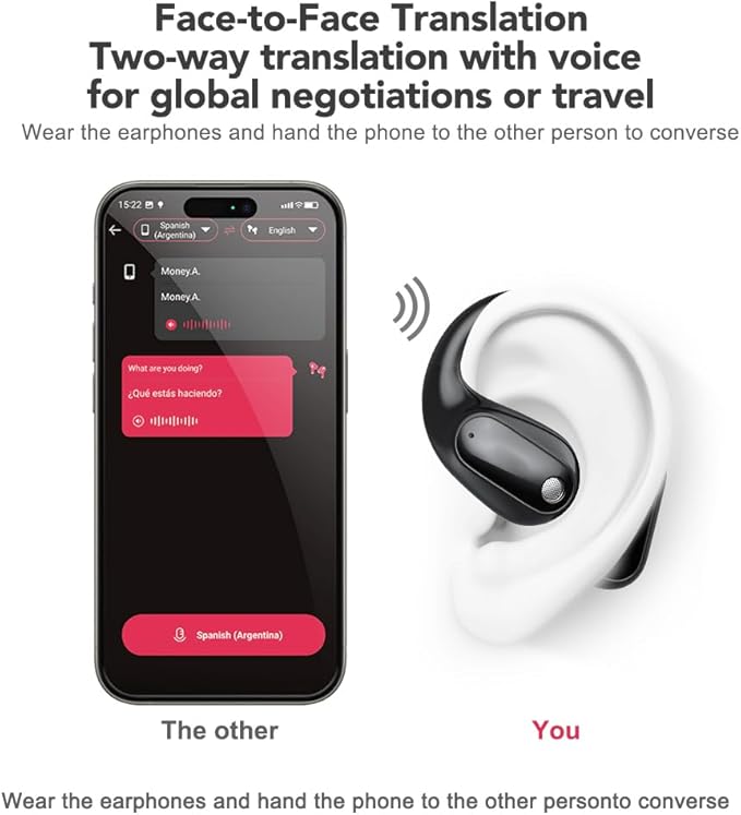 AI Translation Earbuds Real Time MS190, Supports 135 Language Translator Earbuds with APP, Audifonos Traductores Inglés Espanol Open Ear Bluetooth 6.0 Wireless Translating Headphones