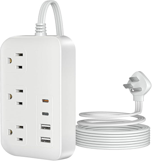 Power Strip-6FT Extension Cord Flat Wall Plug,3 Outlets 2 USB,2 USB-C,PD20W Charging Ports,Electrical Outlet,Flat Plug Power Strip,Outlet Extender,Cruise Ship Essentials for Home Dorm Room Essentials