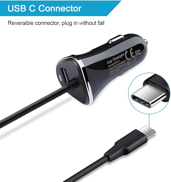 USB Type C Car Charger,Quick Charge 3.4A USB Car Adapter with 3ft Type C Charging Cable for Samsung Galaxy S23 Ultra S22 S21 S20 A10e A15 A14 A25 A54 A53 S10 S9 S8 Plus,Note 20/10,LG G8 G7 V40 V35 V60