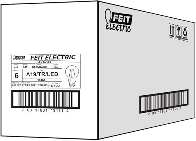 Feit Electric A19/TR/LED/6 25W Equivalent Dimmable Clear Glass Filament Colored LED Light Bulbs, Red, 6-Pack, 2.4" D x 4" H