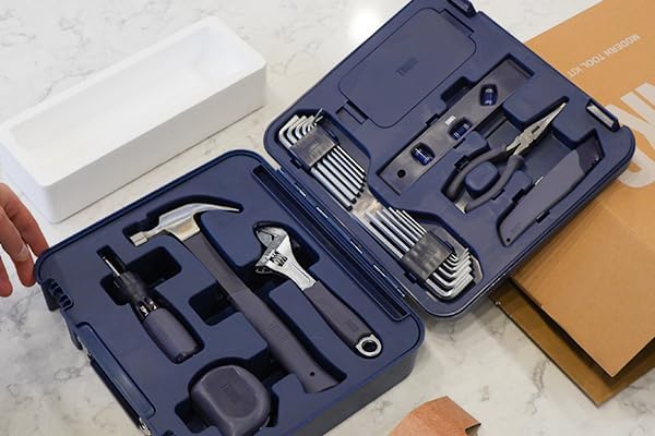 TINKR Modern Tool Box Workstation – Full Tool Set with Hammer, Ratchet Screwdriver, Allen Keys, Wrench, Knife, Tape Measure, Level, Pliers & Phone Holder