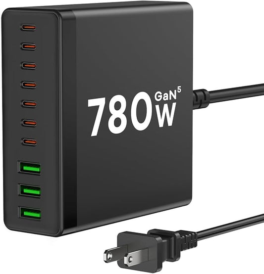 USB C Charger Block, 780W 10 Port Charging Station USB Charger Block Double 120W Gan Laptop Fast Charging Compatible with MacBook Air/Pro, iPhone, iPad, Dell XPS, Samsung Galaxy Note