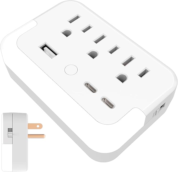 Portable Outlet Extender with Light Sensor lamp,Power Strip with 3 Outlet and 3 USB Ports(2 USB-C Ports && 1 USB-A Port Total 15.5W/3.1A).Multi Plug Wall Outlet for Home Travel Office-White