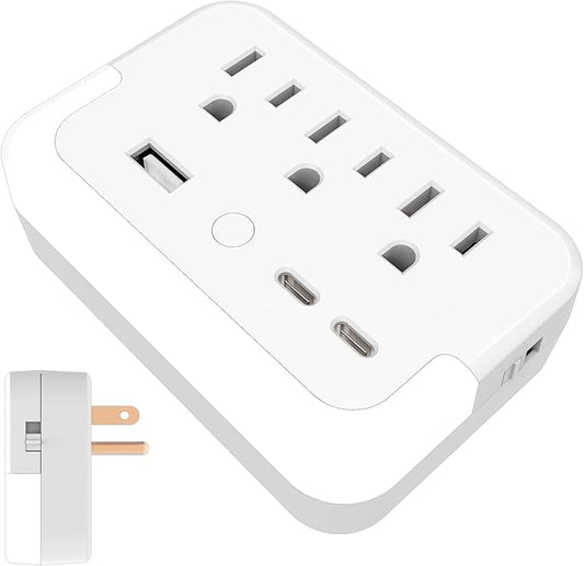 Portable Outlet Extender with Light Sensor lamp,Power Strip with 3 Outlet and 3 USB Ports(2 USB-C Ports && 1 USB-A Port Total 15.5W/3.1A).Multi Plug Wall Outlet for Home Travel Office-White