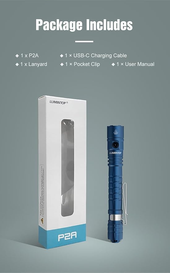 P2A Compact Dual-Mode Tactical Flashlight, 1200 Lumens Turbo Mode with 330m Beam Distance, USB-C Rechargeable 2xBattery, IP68 Waterproof, Pen-Shaped Design with Pocket Clip