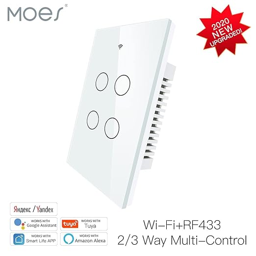 MOES 2.4GHz WiFi Wall Touch Smart Switch Neutral Wire Required, 3 Way Multi-Control, Glass Panel Light Switch Work with Smart Life/Tuya App, RF433 Remote Control, Alexa and Google Home White 4 Gang