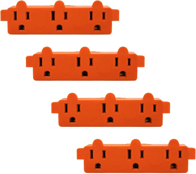 Maxxima Heavy Duty 3 Grounded Multi Outlet Adapter - Wall Plug Extender, Turns 1 Outlet into 3, Ideal for Garage, Workspace, and Indoor Use, Orange Adapter - Pack of 4