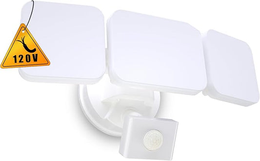 EMANER Outdoor Motion Sensor Light, LED Security Light 45W Exterior Dusk to Dawn & Motion Detector Adjust, 3-Head Frosted Lens 5000K, Corded Floodlight for Garage/Porch/Front Door, (1-Pack, White)