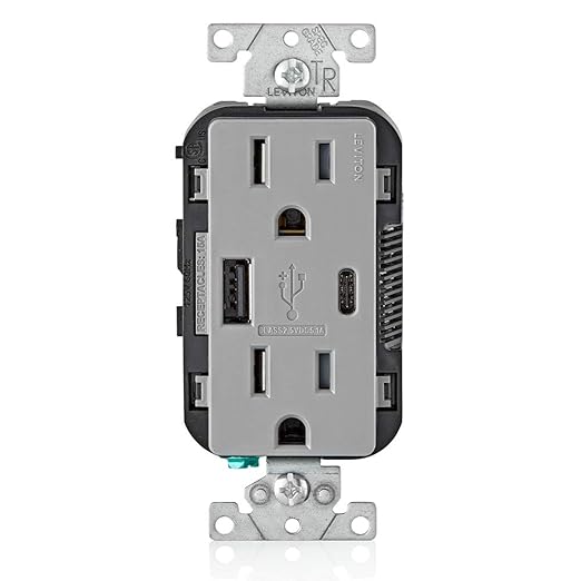 Leviton T5633-GY Type A & Type-C USB In-Wall Charger with 15A Tamper-Resistant Outlet, USB Charger for Smartphones and Tablets. Not for Laptops, Gray