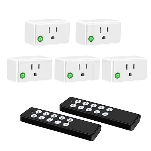 Wireless Remote Control Outlet Plug, Remote Light Switch Kit for Lights, Fans, Small Appliance, Long Range White (5 Outlets + 2 Remotes) 1800W/15A white black (RSL010R/RSL020T-B)